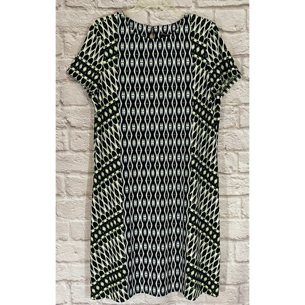 Maggy‎ London 14 Geometric Print Sheath Dress Stretchy Slinky Keyhole Back 8399